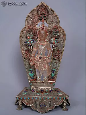 15'' Avalokiteśvara Idol with Stone Work from Nepal | On Royal Throne | Crystal With Silver
