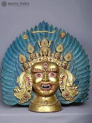 28'' Fierce Hindu God Crowned Bhairava Face From Nepal | Copper Gilded With Gold