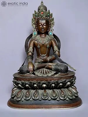 30'' Crowned Akshobhya Buddha With Stone Work From Nepal | Copper With Silver