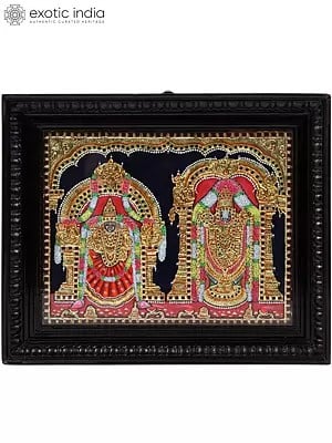 Deities Padmavathi and Balaji Inside Arch | Traditional Colour With 24 Karat Gold | Tanjore Painting with Frame