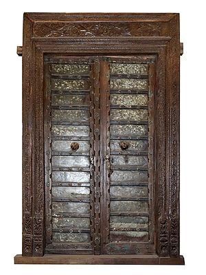 88" Large Wooden Carved Front Door with Frame | Vintage Indian Door