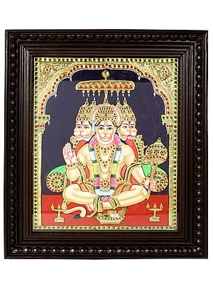 Panchamukhi Hanuman Tanjore Painting | Traditional Colors With 24K Gold | Teakwood Frame | Gold & Wood | Handmade