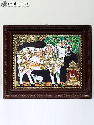 Kasyapa Worshipping Kamdhenu Tanjore Painting | Traditional Colors With 24K Gold | Teakwood Frame | Gold & Wood | Handmade