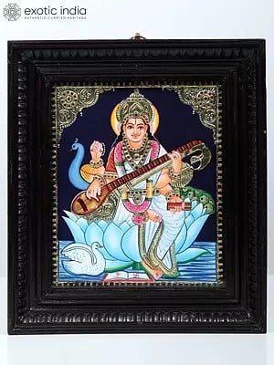 Goddess Saraswati Tanjore Painting | Traditional Colors With 24K Gold | Teakwood Frame