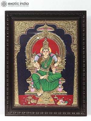 Goddess Bhuvneshwari Tanjore Painting | Traditional Colors With 24K Gold | Teakwood Frame