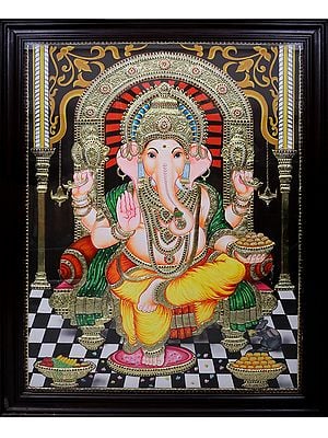 Sitting Lord Ganesha | Traditional Colors With 24K Gold | Teakwood Frame | Gold & Wood | Handmade