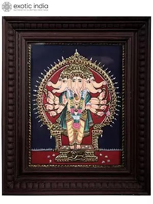 Standing Panchmukhi Lord Ganesha Tanjore Painting | Traditional Colors with 24 Karat Gold | With Frame