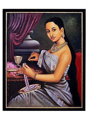 Lady Making A Garland, Raja Ravi Varma Painting | With Frame
