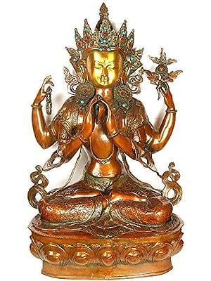 38" Tibetan Buddhist Deity Large Size Chenrezig (Shadakshari Lokeshvara) In Brass | Handmade | Made In India