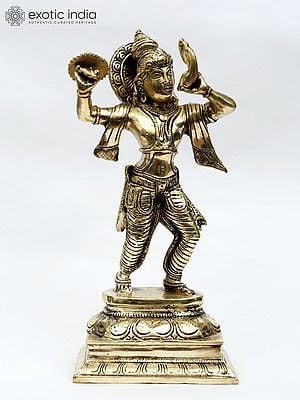 10" Lord Krishna Blowing The Conch on the Battle Field of Kurukshetra | Brass Statue