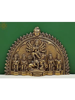 7" Brass Wall Hanging Plate of Goddess Durga with Ganesha, Lakshmi, Saraswati and Karttikeya