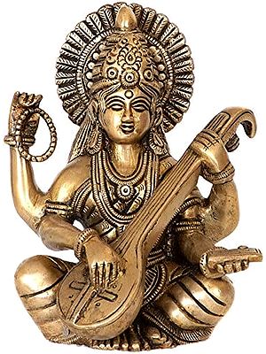 6" Small Saraswati - The Goddess of Knowledge and Arts In Brass