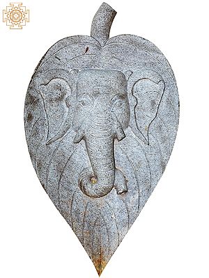 36" Large Lord Ganesha Face on Peepal Leaf | Granite Stone Statue