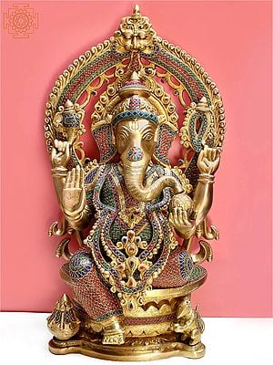 26" Brass King Ganesha Seated on Throne with Inlay Work