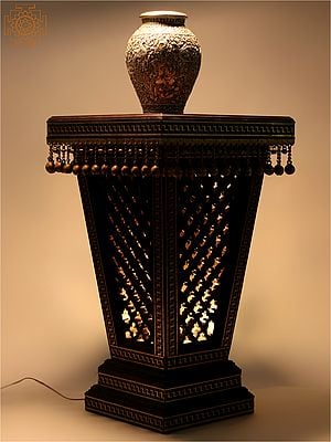 28" Jali Design Wooden Pedestal with Brass Work and Bulb Inside