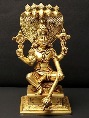 9" Vishnu Brass Statue Seated on Sheshnag