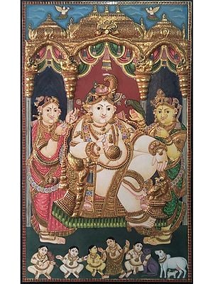 Lord Krishna with Rukmini and Satyabhama Tanjore Painting Without Frame
