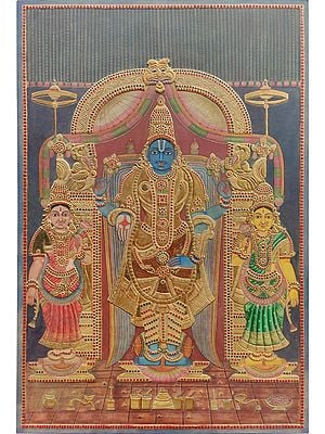 Standing Lord Vishnu with Sridevi and Bhudevi | Without Frame Tanjore Painting