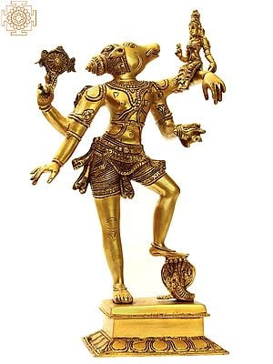 17" Varahavatara: Vishnu’s Boar Incarnation and Bhudevi In Brass