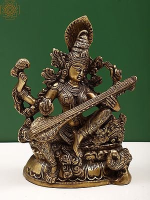 11" Brass Goddess Saraswati Statue Seated on Pedestal
