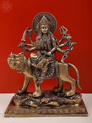 9" Eight-Armed Durga on Her Mount In Brass | Handmade | Made In India