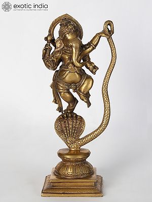 11" Brass Statue of Lord Ganesha Dancing on Five-Hooded Serpent