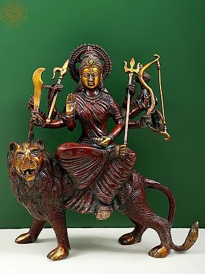 11" Brass Mother Goddess Durga Statue Seated on Her Lion