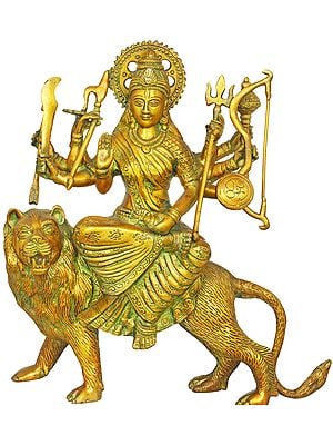 11" Brass Mother Goddess Durga Statue Seated on Her Lion