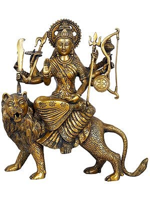 11" Brass Mother Goddess Durga Statue Seated on Her Lion