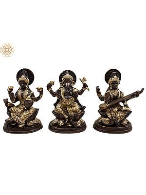 5" Small Lakshmi Ganesha Saraswati (Set of Three Statues) in Brass