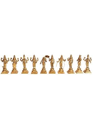 6" Dashavatara  -Ten Incarnations of Lord Vishnu (From Left - Matshya, Kurma, Varaha, Narasimha, Vaman, Parashurama, Rama, Balarama, Krishna and Kalki) In Brass
