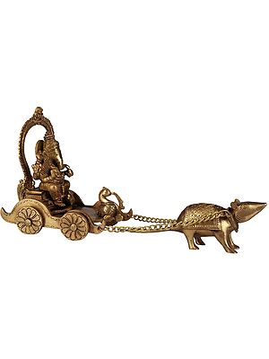 6" Brass Lord Ganesha Statue Riding a Rat Chariot | Handmade | Made in India