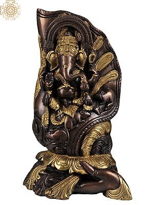 9" Hand-held Conch Ganesha Statue in Brown and Golden Hues In Brass