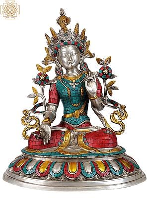 18" Tibetan Buddhist Deity- Goddess White Tara (In Silver Hue with Fine Inlay work)