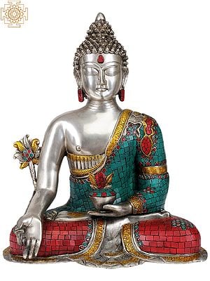 17" Tibetan Buddhist God Medicine Buddha -The Unfailing Healer of the Ills of Samsara (In Silver Hue with Fine Inlay Work) In Brass