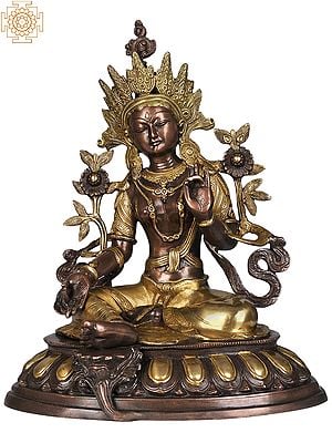 18" Tibetan Buddhist Saviour Goddess Green Tara in Brown and Golden Hues In Brass