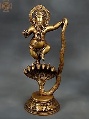 11" Lord Ganesha Dancing on Sheshnaag In Brass | Handmade | Made In India