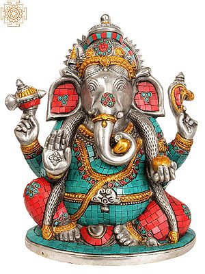 13" Lambodara Ganesha in Silver Hue with Coral and Turquoise Color Inlay In Brass
