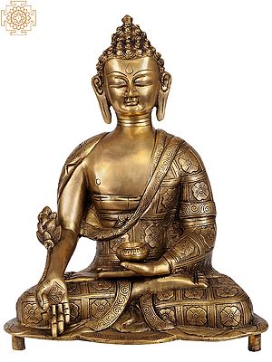 14" Tibetan Buddhist Deity-The Medicine Buddha (Robes Decorated with Lotus Flowers) In Brass