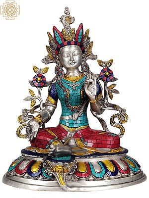 18" Tibetan Buddhist Deity- Goddess Green Tara in Silver Hue with Inlay Work In Brass