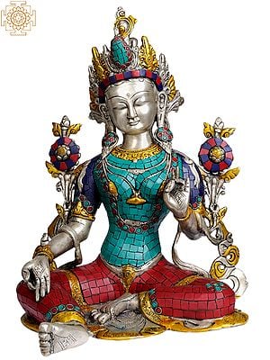 15" Tibetan Buddhist Goddess Green Tara (with Inlay Work) In Brass