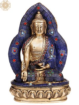 9" Tibetan Buddhist Deity- The Medicine Buddha (with Inlay Work) In Brass