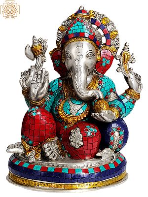 14" Lord Ganesha Eating Modak (with Inlay Work) In Brass