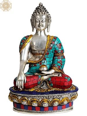 12" Lord Buddha in Bhumisparsha Mudra (with Inlay Work) In Brass