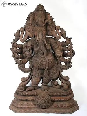 78" Super Large Ten Armed Standing Panchamukhi Lord Ganesha | Wood Carved Statue