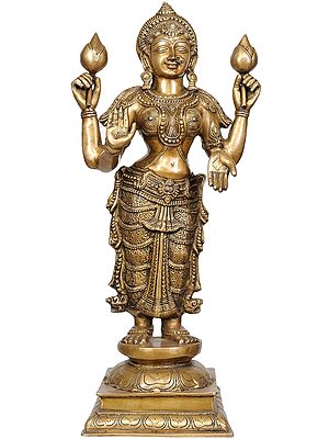 31" Large Size Four-Armed Standing Goddess Lakshmi Brass Statue