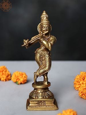 6" Small Fluting Krishna Sculpture in Brass