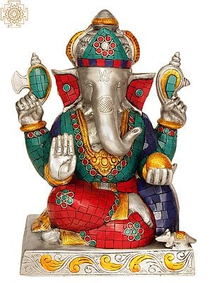 11” Four-Armed Ganesha Idol Seated in Easy Posture | Brass Inlay Statue