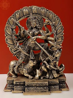 12"  Ten-armed Mahishasuramardini Goddess Durga In Brass | Handmade | Made In India