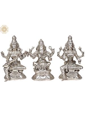 8" The Great Trinity - Saraswati, Ganesha and Lakshmi In Brass